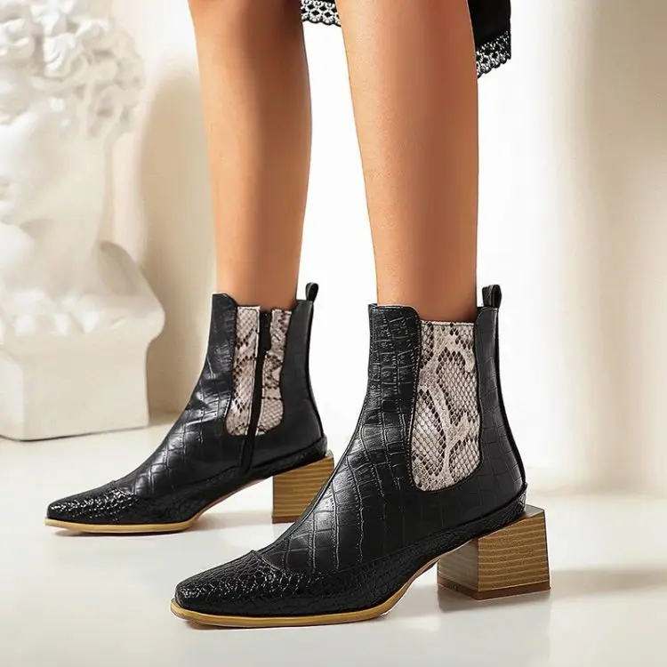 

2020 Winter Women Black Chelsea Boots Pointed Toe PU Leather Ankle Bottes Serpentine Mixed Short Botas Femmes Chunky Heels Shoes