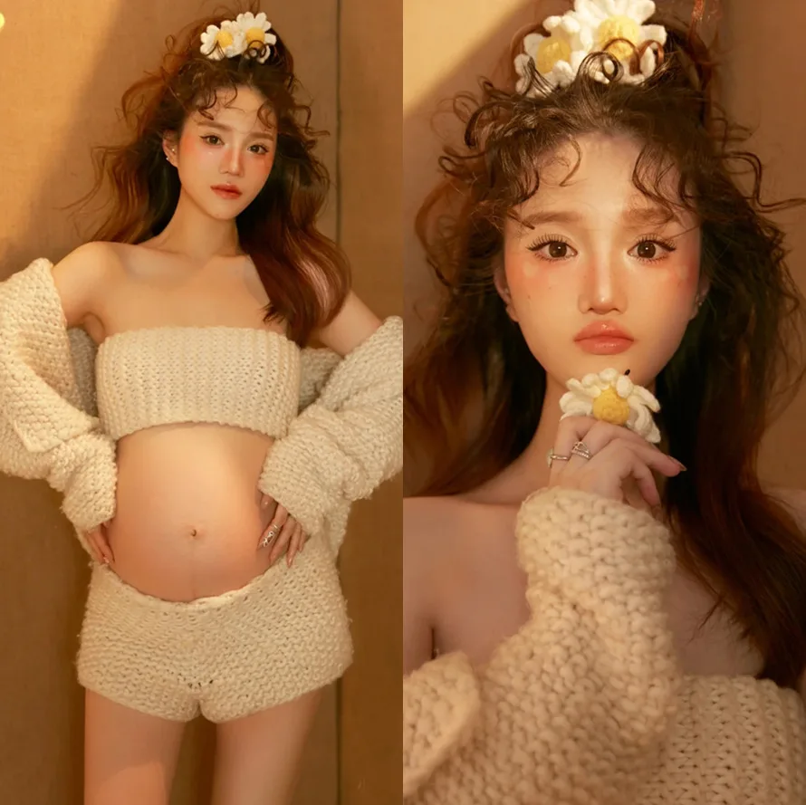 Photo Studio Pregnant Women Photo Clothing Lovely Home Knitting Suit Small Fresh Big Belly Photo Clothing Photo Pregnant Women