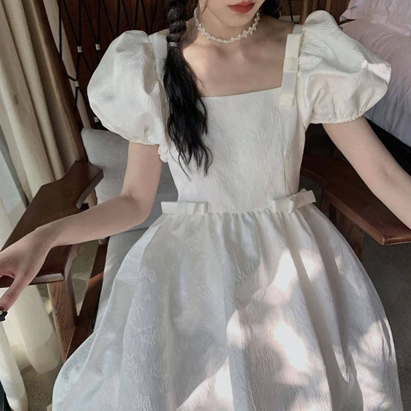 

White Elegant Princess Dress Women Bow Kawaii Sweet Korean Party Dress Female Japanese Fairy Cute Puff Sleeve Dress 2021 Summer