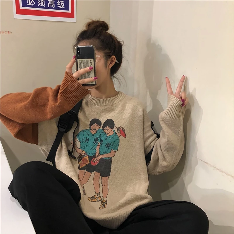

Women's Clothing casual computer knitted o-neck full print pullover loose Sweaters Spring and autumn high quality Trend tops