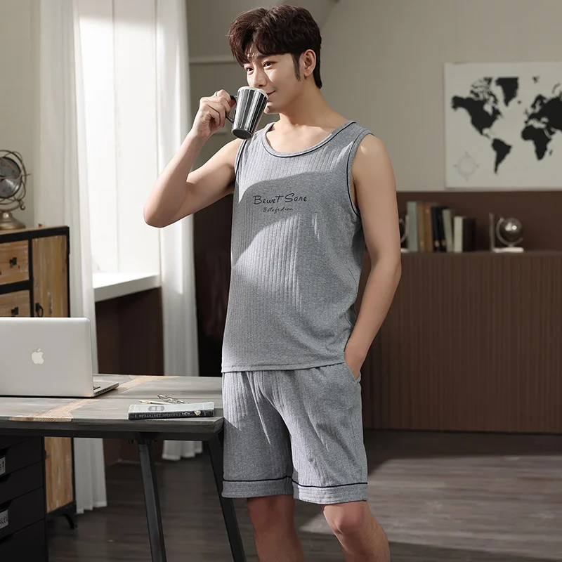 Summer Light Gray Casual Tracksuit Plus Size L-4XL Pajamas Men Letter Print Sleep Vest Shorts Set Mens Sleeveless Pijamas Hombre | Мужская