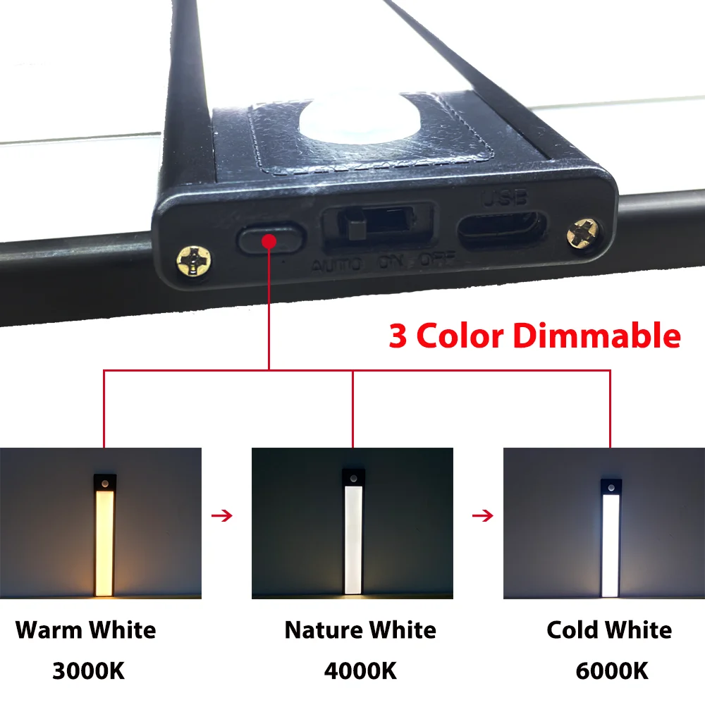 3 color dimmable kitchen led lights cabinet light pir motion sensor thermal led usb rechargeable aluminum shell lamp night light free global shipping