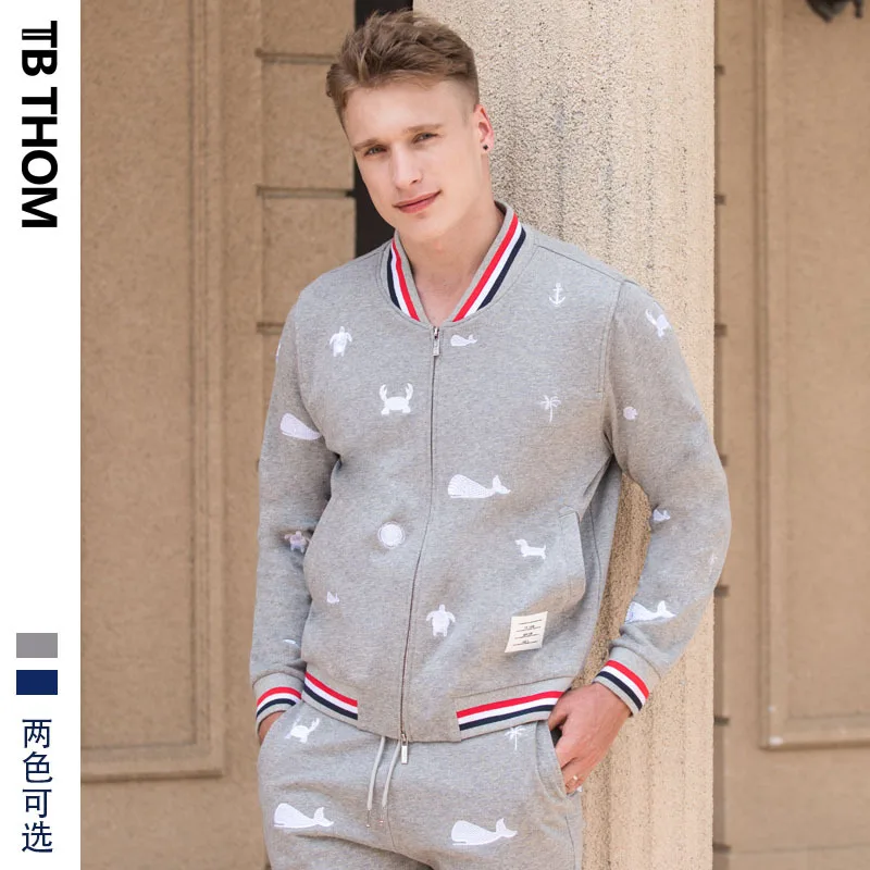

men's tb thom fashion embroidery baseball jacket sport casual cotton jacket men preppy style spring autumn jacket youth blue