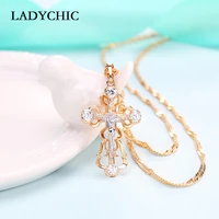 ladychic fashion women aaa zircon cross pendant gold color copper crystal jesus cross pendants necklace hip hop jewelry ln1060