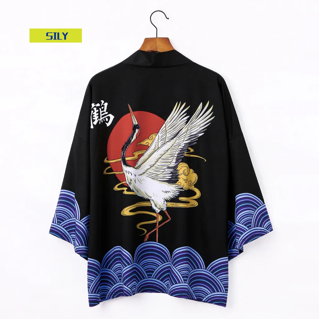 

Youth Popularity Robe Men's and Women's Couple's Printed Crane 3/4 Sleeve Loose Cardigan Summer New
