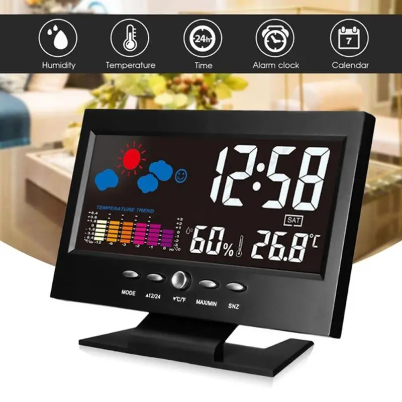 

Colorful Screen USB Backlit Digital Weather Clock Thermometer Hygrometer Alarm Clock Gauge Calendar Voice Activated Smart Clock