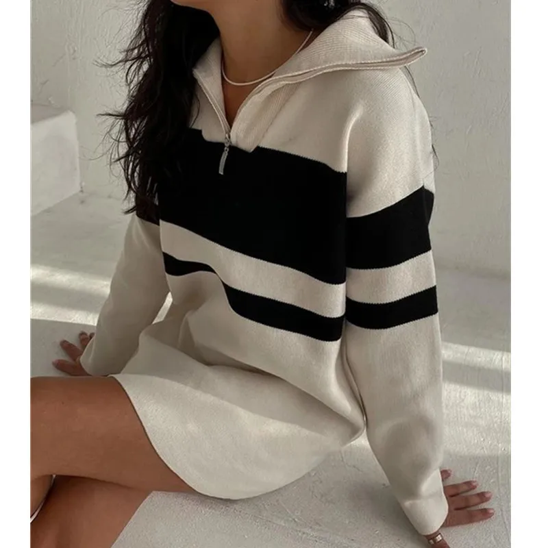 

2022 Winter Y2K Oversized Long Sweater Tops Casual Women Sexy Party Striped Print Pullover Knitted Sweater Shirt Dress