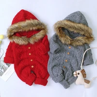 winter baby boy girl sweater hooded knit faux fur collar warm jumpsuit clothes newborn jumpsuits clothes winter hoody rompers