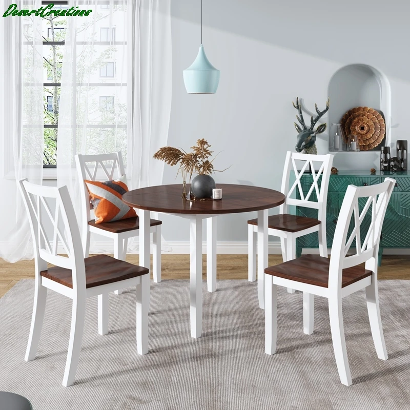 

Набор обеденных столов, набор из 5 круглых деревянных подвесных листьев с 4 крестовыми спинками для небольших мест