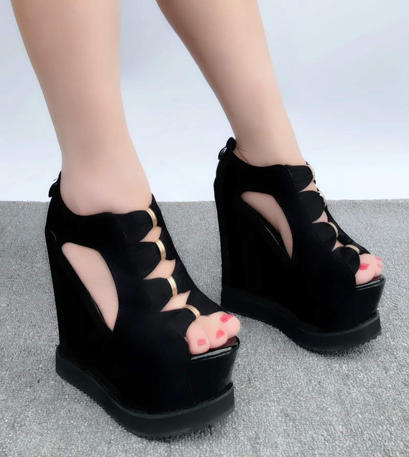 Wedges 15cm High Heel Shoes Night Club Summer Sandals For Women Platform Black women sandals | Обувь