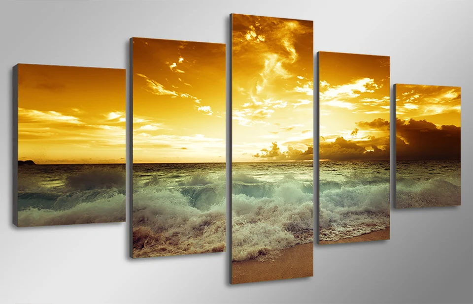 5 панелей закат морские волны живопись искусство домашний Декор печать плакат
