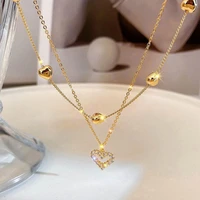 luxury real gold double layer heart pendant women necklace shining bling aaa zircon clavicle chain elegant charm wedding jewelry