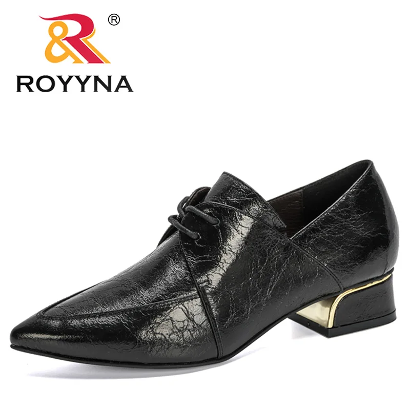

ROYYNA 2020 New Arrival Lace-up Lower Heel Shoes Women Leather Wear All Seasons Fashion Ladies Metal Heel Pumps Wedding Shoes