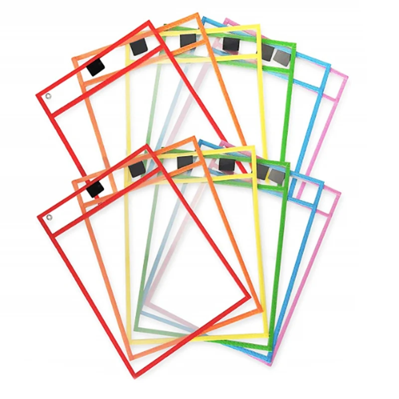 Reusable Dry Erase Pocket Sleeves with Marker Holder(12 Pack)- Assorted Colors, Adult and Children. Use for School, Work, Teac
