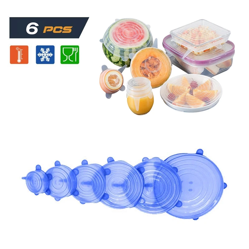 

6pcs Silicone Food Packaging Cover Reusable Food Fresh-Keep Sealing Cap Silicone Vacuum Stretch Bowl Lids Cover Kitchen Supplies