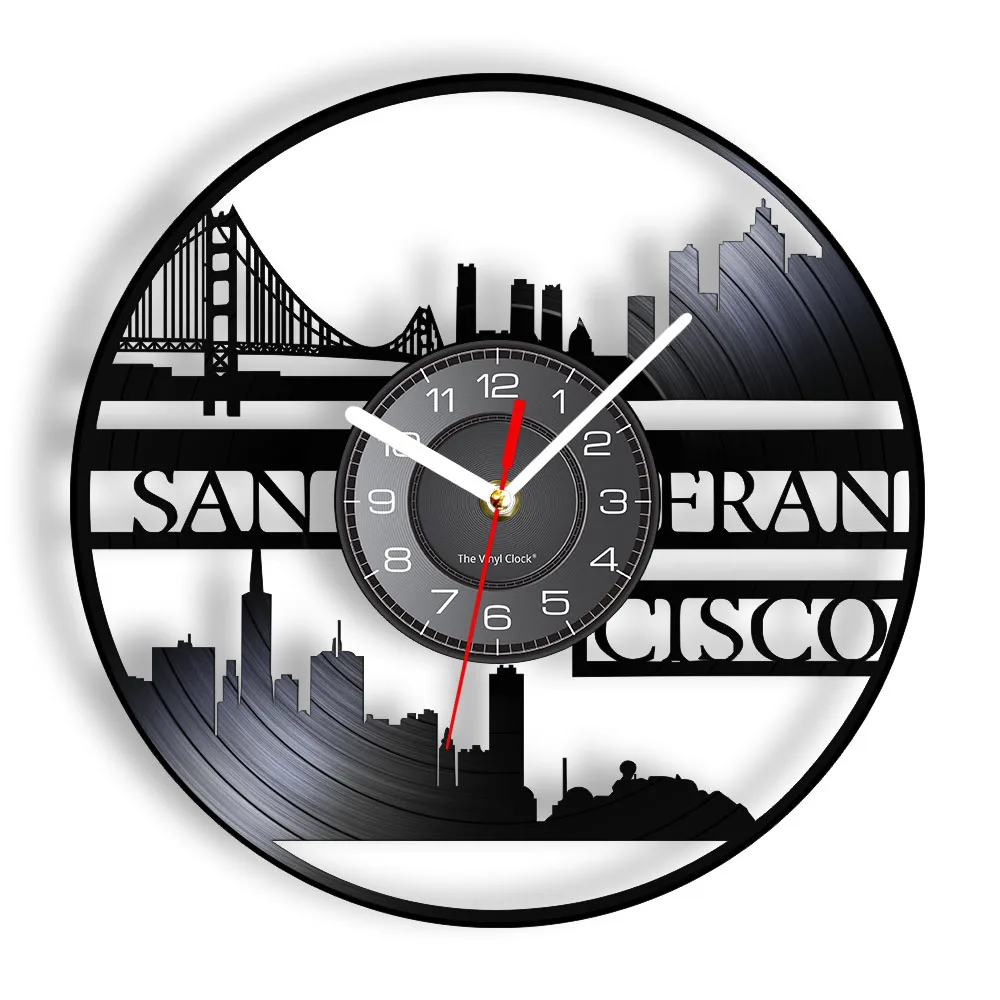 

San Francisco Skyline Re-purposed Vinyl Record Wall Clock Golden Gate Bridge American Cityscape Vintage Timepiece Carved Artwork