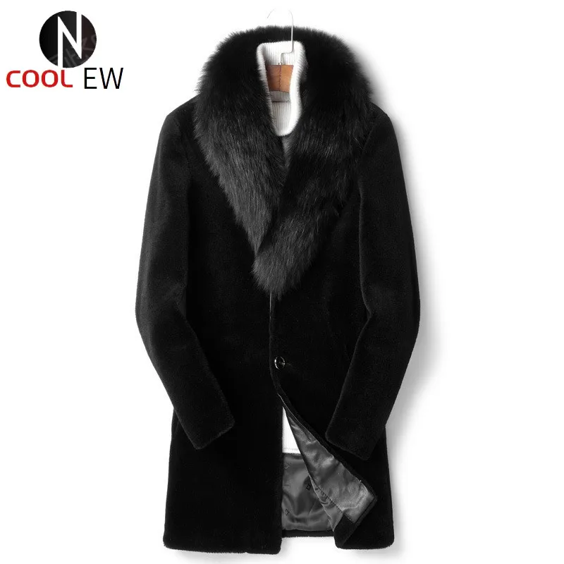 

Luxury Long Mens Real Fur Coat Big Size Winter Warm Thick Fox Fur Collar Natural Shearling Jacket Black Office Man Wool Coat 4XL