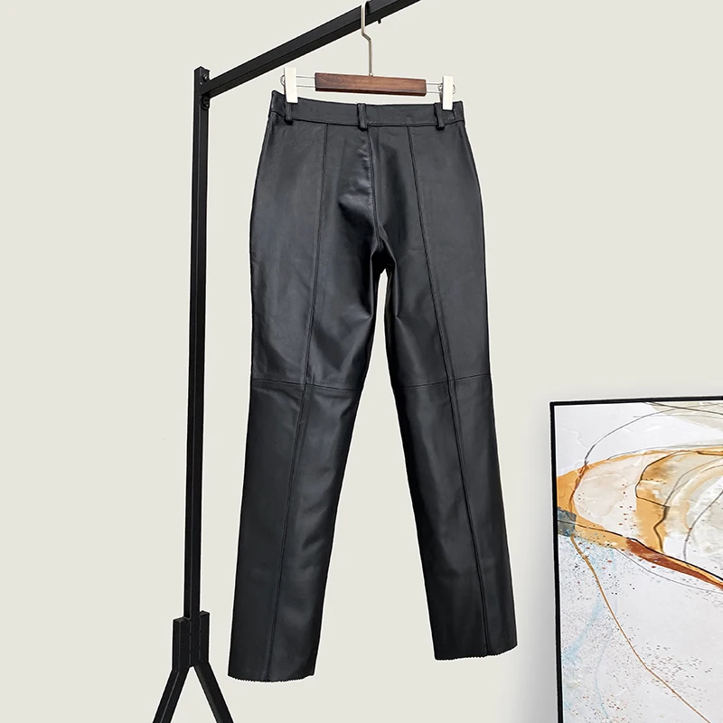 

JCHB 2021 100% Cowhide Leather Pants Female Black Trousers for Women Harem Pants Plus Size 4xl Spring Spodnie Damskie Pph4012