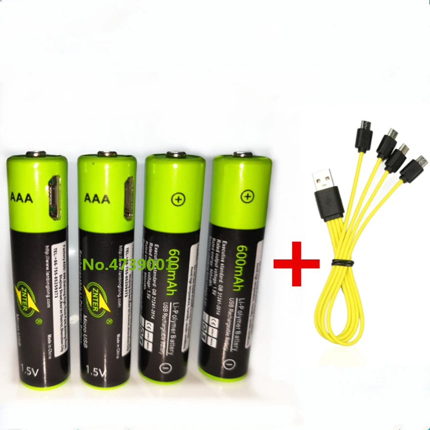 4 шт. ZNTER 1 5 В AAA аккумуляторная батарея 600 мАч USB Аккумуляторная Литиевая