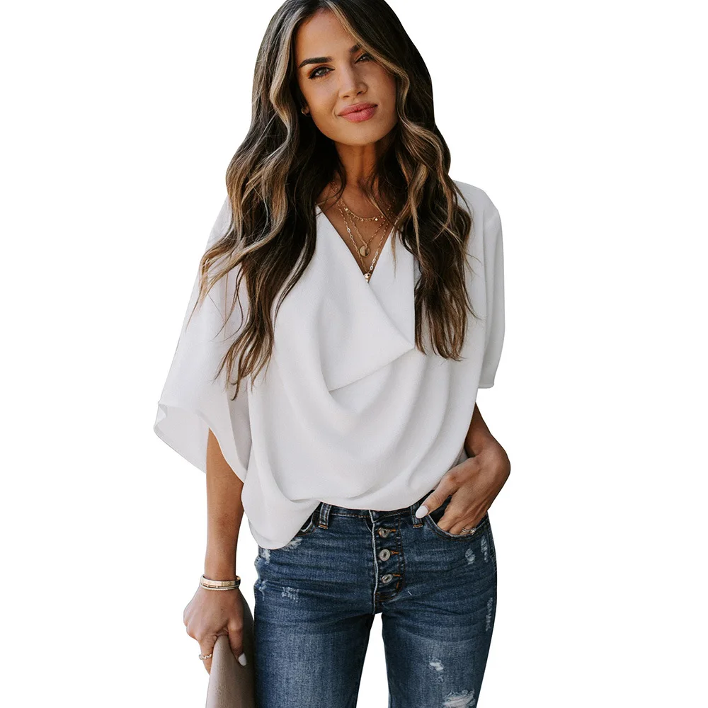 LOUIS JASON 2020 Summer Women's Shirts Tops Casual Tie Sleeve Wrap Loose V Neck Women chiffon shirt Blouses | Женская одежда