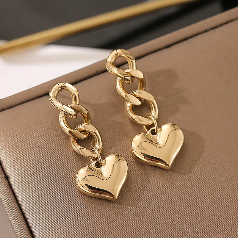 

CARLIDANA 2022 Trend Stainless Steel Heart Charm Drop Earrings Cuban Chain Long Tassel Hoop Earrings Gold Plated Jewelry Women