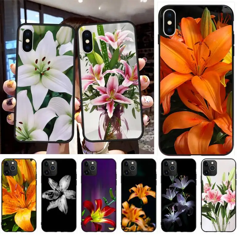 Черный чехол для сотового телефона с цветами лилии iPhone 11 pro XS MAX 8 7 6 6S Plus X 5S SE 2020