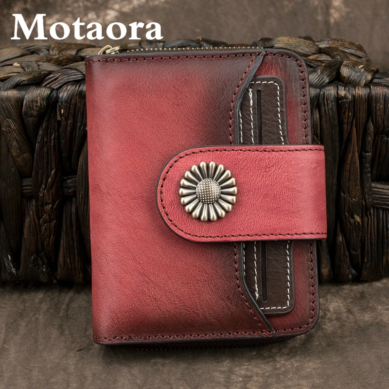 MOTAORA Retro Women Wallet Genuine Leather Short Wallets For Female Two Folds Card Holder Ladies Vintage Coin Purse For Women