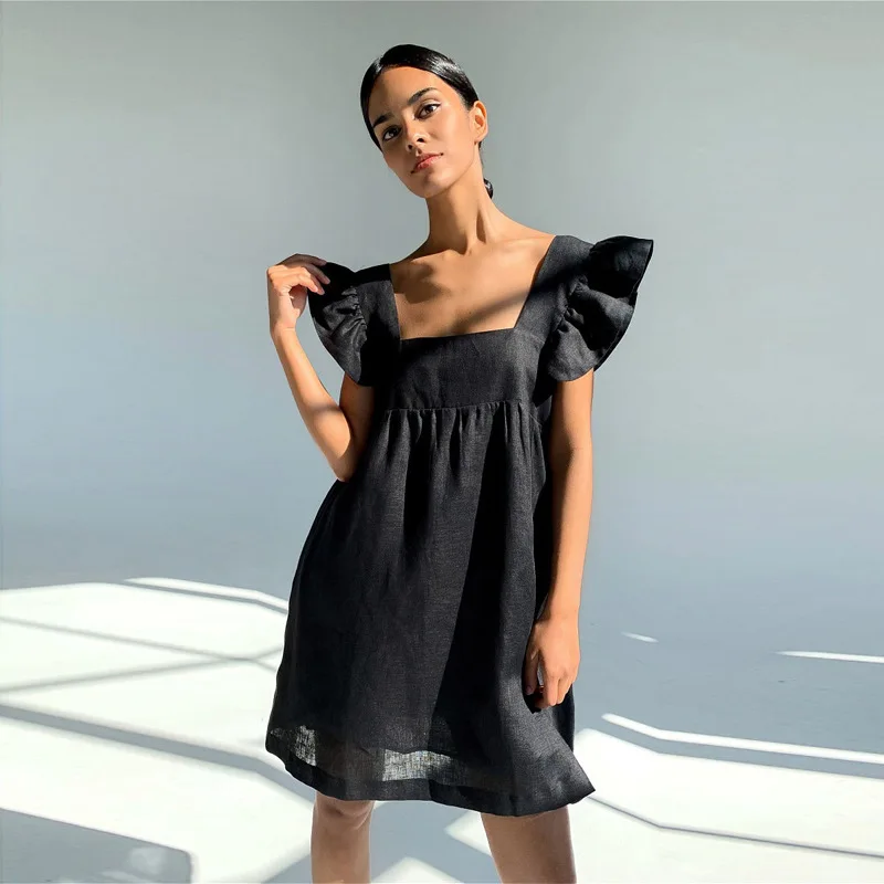 

Dresses for women Casual Square Collar Butterfly Sleeve Mini Sweet Dress Woman Backless High Waist Loose Linen Solid Dress 2021