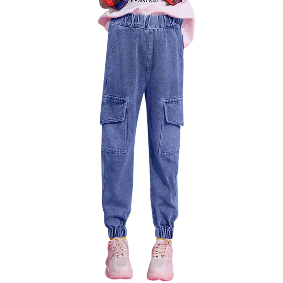 Детские джинсы однотонные брюки карго детские для девочек с эластичным поясом
