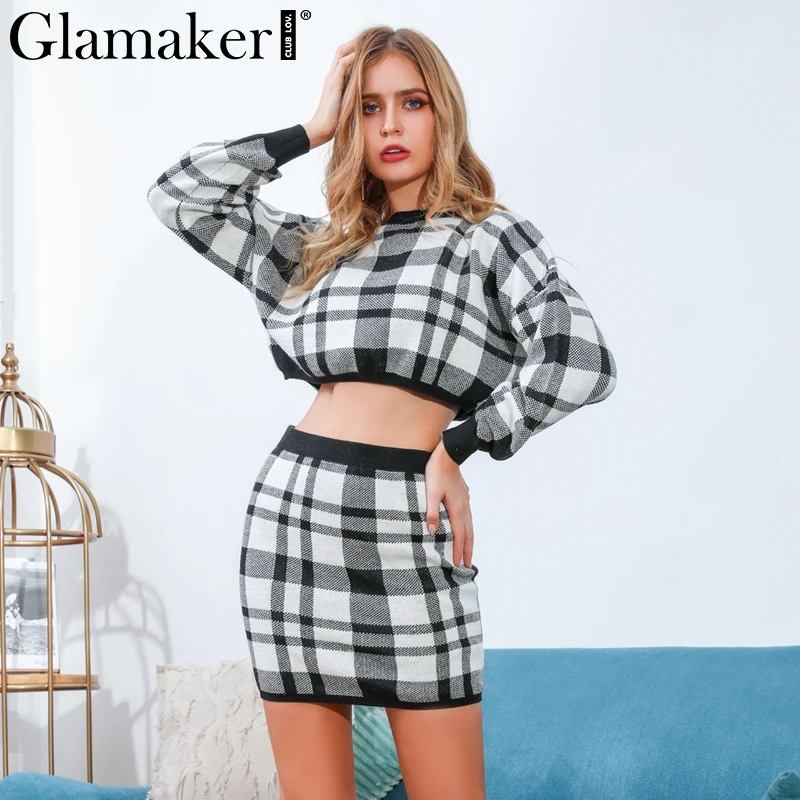 Вязаный клетчатый комплект из 2 предметов Glamaker сексуальное женское осеннее