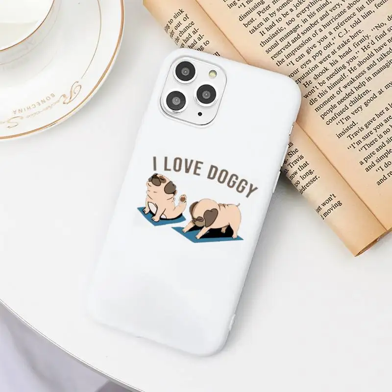 

Cute Cartoon Pug Animal Yoga Phone Case Candy Color White for iPhone 11 pro XS MAX 8 7 6 6S Plus X 5S SE 2020 XR