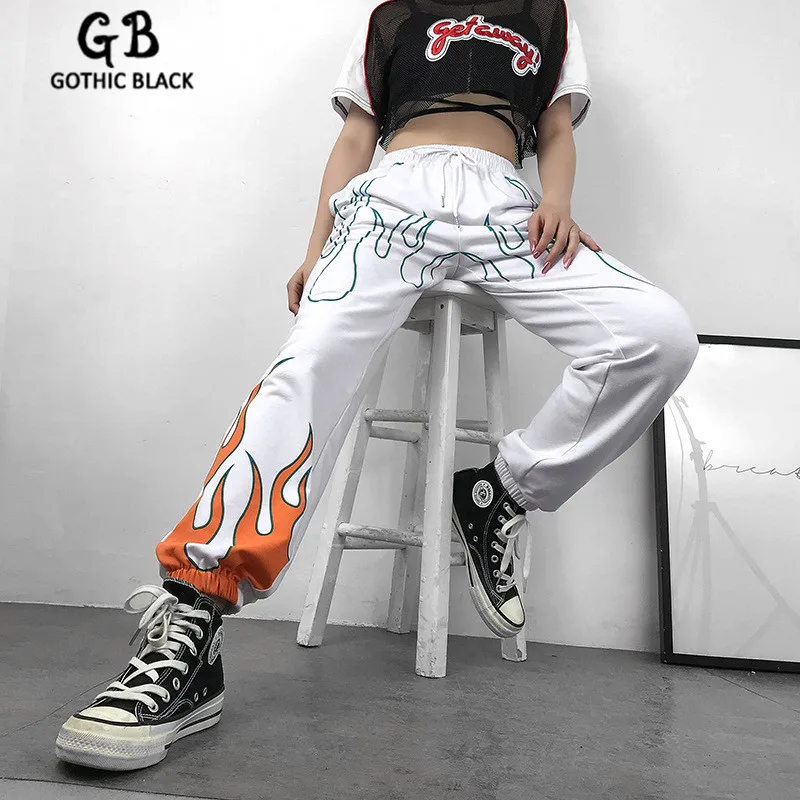 Брюки женские черные свободные с принтом в виде пламени | Женская одежда