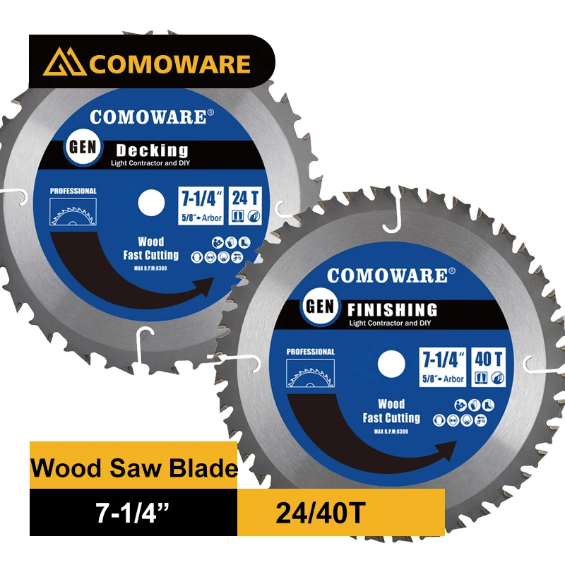 

COMOWARE 7-1/4 Circular Saw Blades 24T 40T ATB Premium Tip 5/8 inch Arbor Decking Light Contractor and DIY for Wood Hardwoods