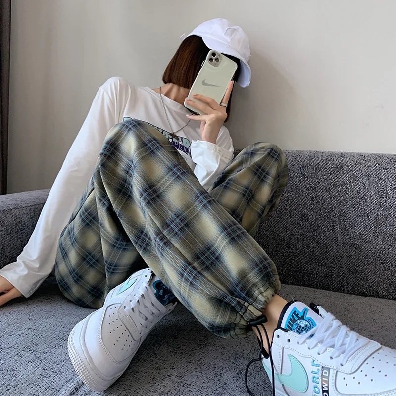 

Plaid Pants Women's Spring and Autumn Loose 2021 New Straight Wide-leg High-waist Drape Casual Fall Footwear Sports Pants H736