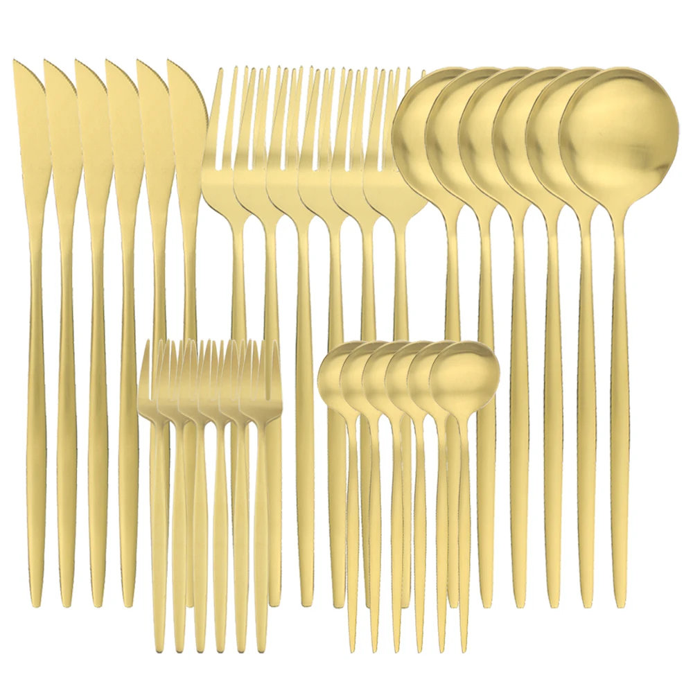 

Knife Cake Fork Spoon Dinner Flatware Set Kitchen Silverware Tableware 6/30Pcs Gold Dinnerware Matte Stainless Steel Cutlery Set