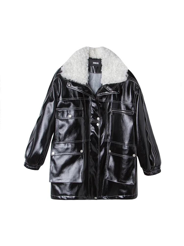 

2020 Winter New Mid-Length Leather Coat Coat Female Thickened Cotton Padded Loose Fur Collar Autumn Winter Slim Motorcycle Coat