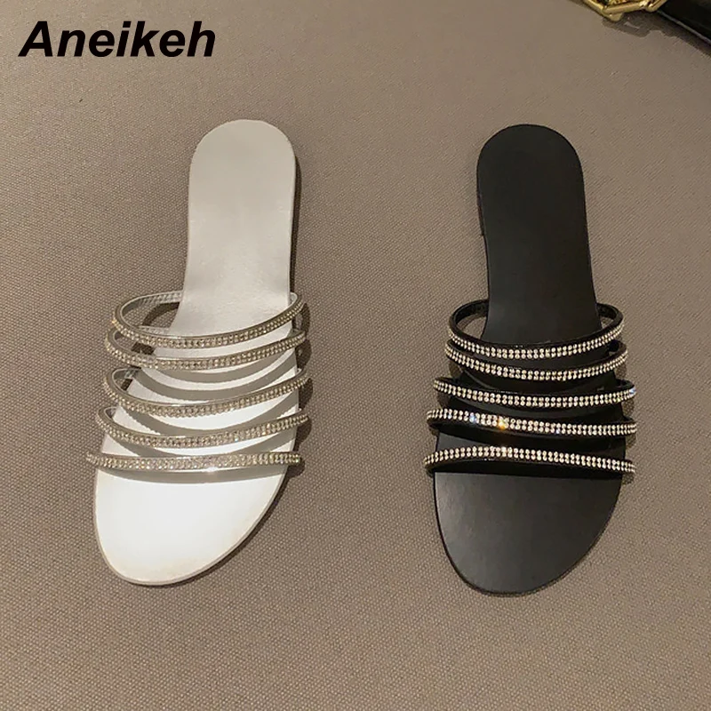 

Aneikeh 2021 New Fashion PU Crystal Bordered Shallow Women Flat Heels Slipper Concise Leisure Head Peep Toe Ladies Outside Shoe