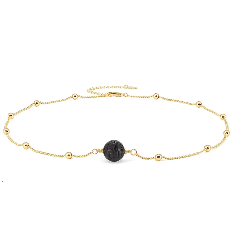 

Fashion Black Volcanic Stone Large Beads Pendant Choker Thin Chain Short Clavicle Radiate Fragrant Necklace Jewelry for Women