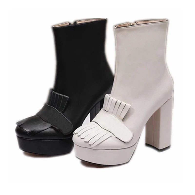 

Модные сапоги на грубом каблуке, новинка осень-зима 2019, кожаные женские сапоги на высоком каблуке, короткие сапоги с боковой молнией и бахро...