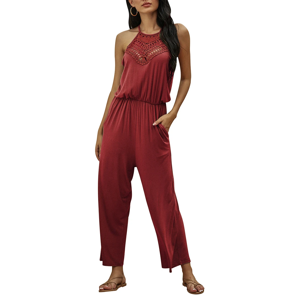 

Women Casual Halter Jumpsuits, Hollow Out Solid Color Elastic Waist Wide Leg Playsuits Outfits