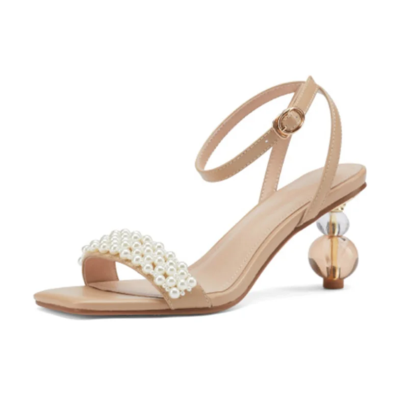 

Genuine Leather String Bead Women Sandals Strange High Heel Ladies Shoes Buckle Ankle Strap New Design Summer Party Shoes Woman