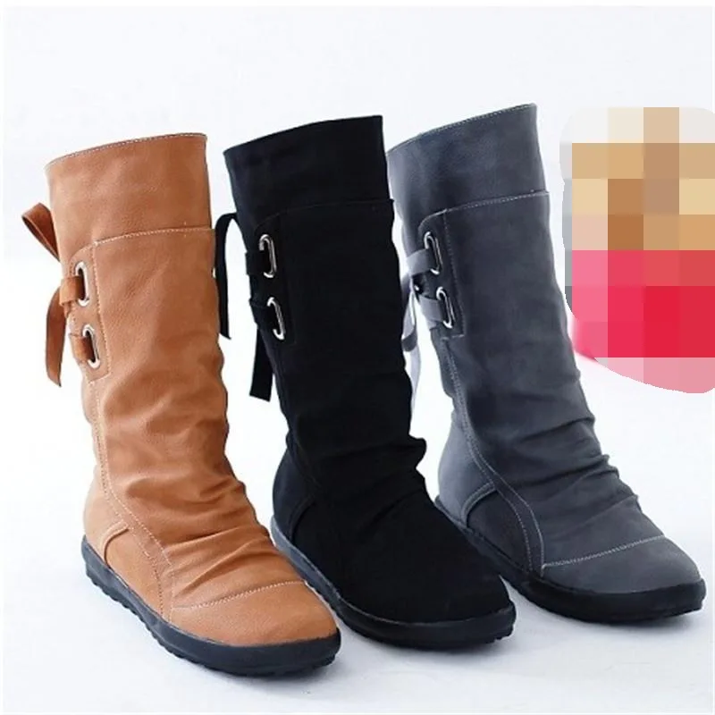 

Women Fashion Mid-Calf Boots Platform Boots Slip On Lace-up Solid Flat Heels Ladies Casual Warm Shoes