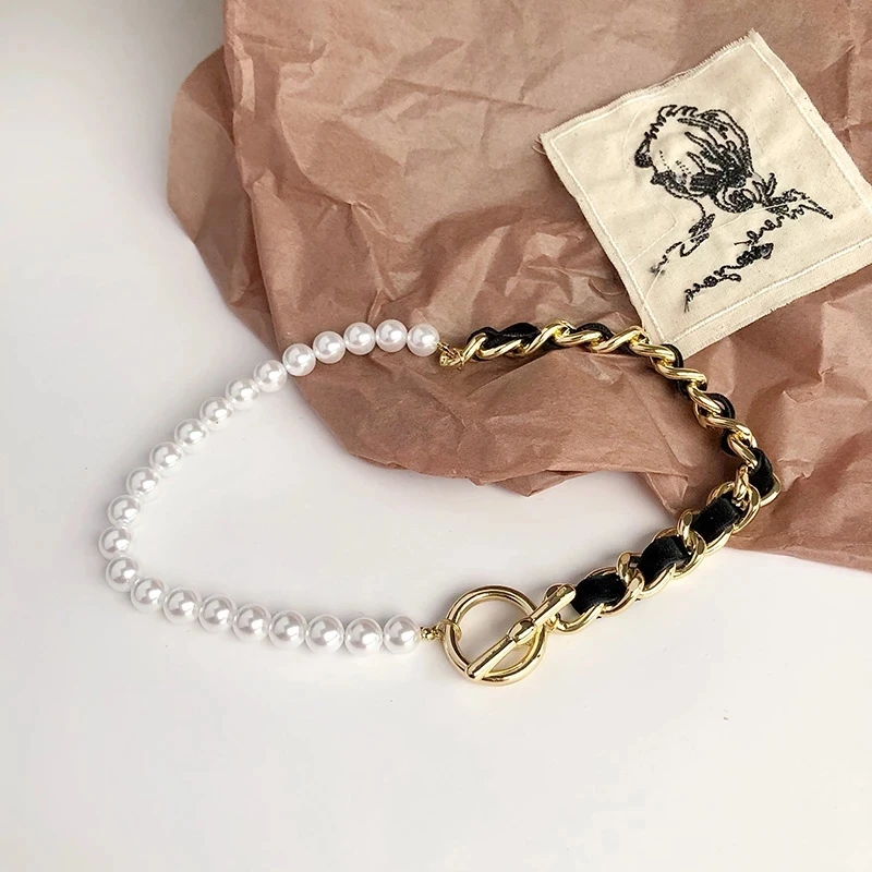 

New Trendy Imitation Pearls Stitching Leather Winding Chain Necklace Women Simple OT Buckle Clavicle Chain Party Jewelry