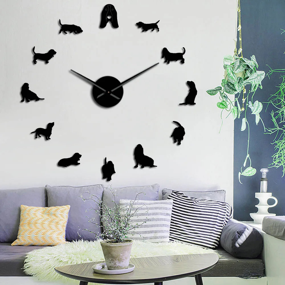 Basset гончий акриловый зеркальный Silouette DIY гигантские настенные часы Pet Shop Порода собак большие часы бескаркасные настенные часы для любителей собак подарок