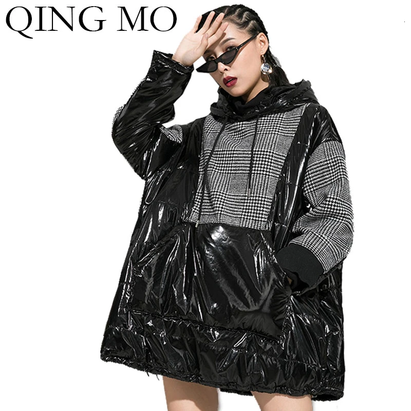 QING MO зимняя женская толстовка с капюшоном 2020 Женская клетчатая Лоскутная