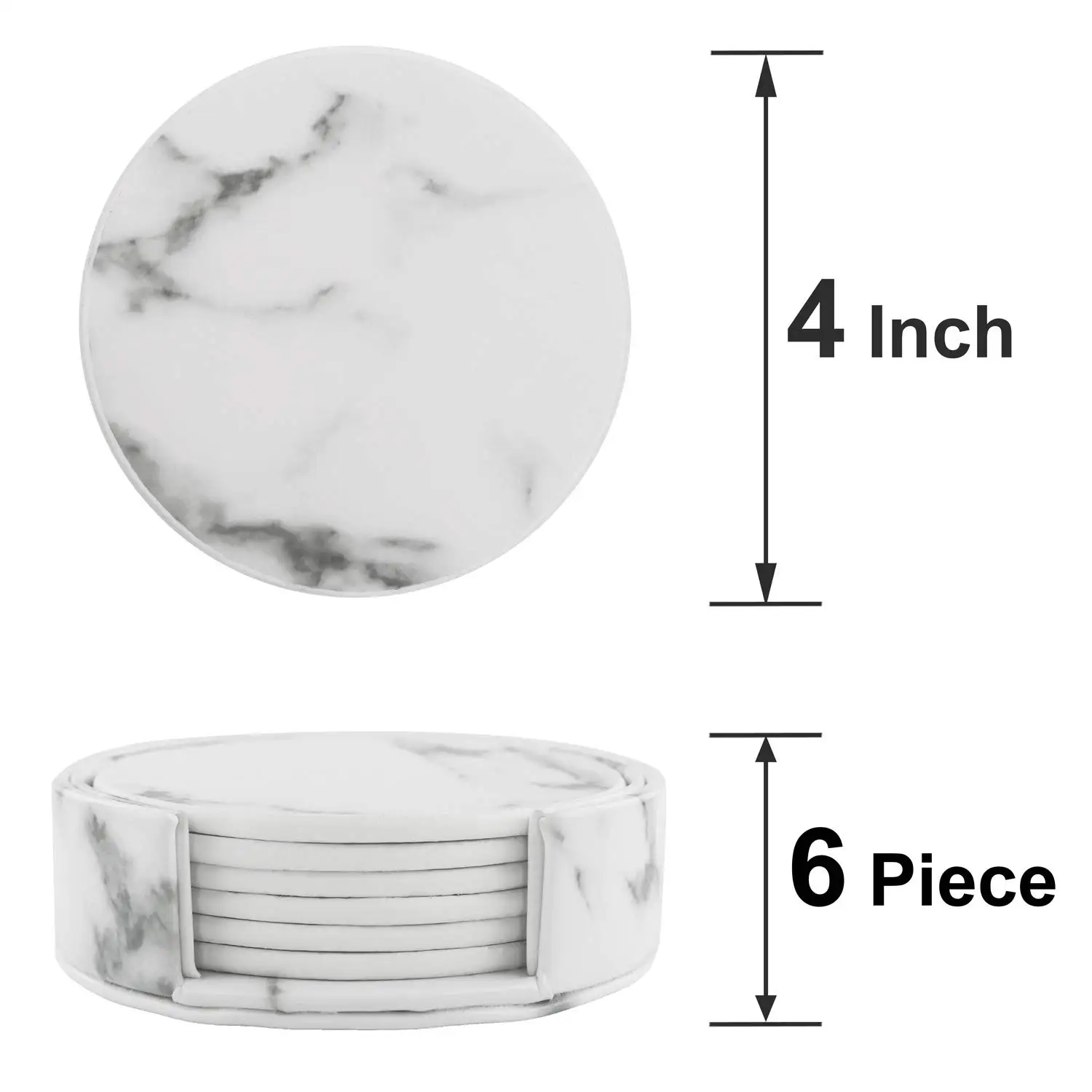 6 pcs Marble Coasters with Holder for Drinks Leather Round Cup Mat Pad Home and Kitchen Housewarming Gift | Дом и сад