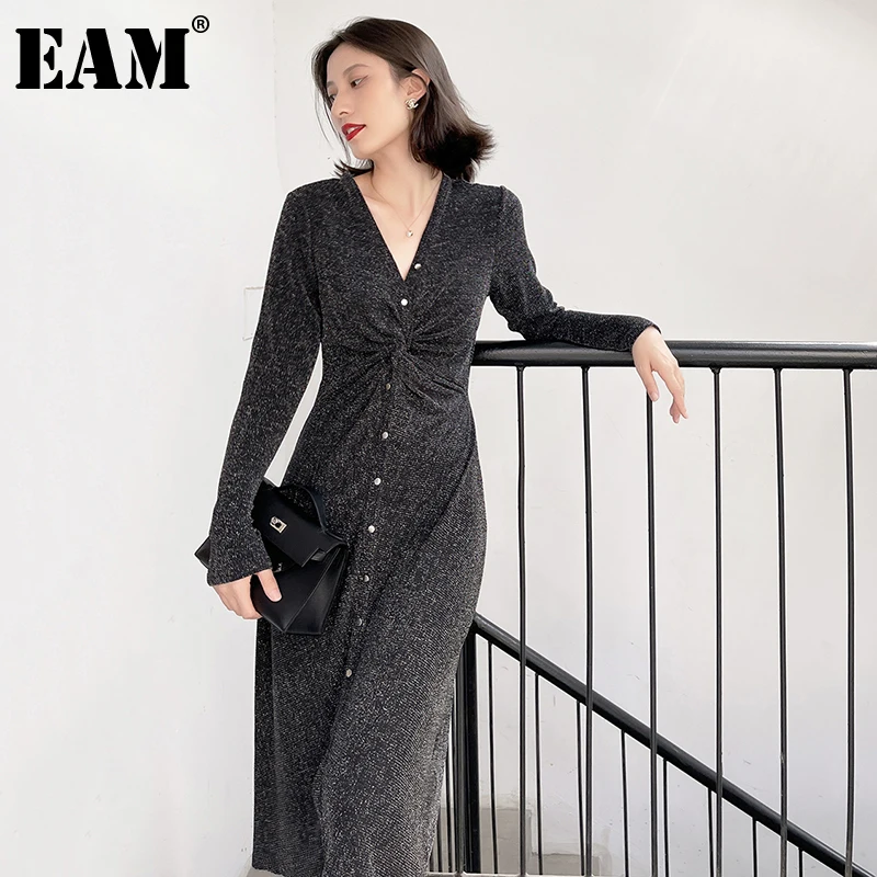 

[EAM] Women Black Knot Long Casual Elegant Dress New V-Neck Long Sleeve Loose Fit Fashion Tide Spring Autumn 2021 1DE2202