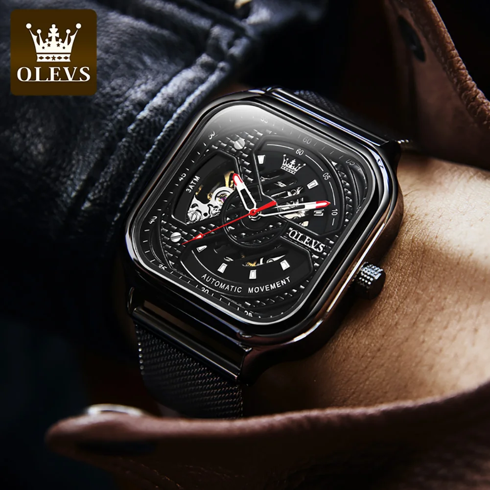 OLEVS Luxury Men Automatic Watch Square Steampunk Mechanical Wristwatch Stainless steel Waterproof Sport Business watch gift