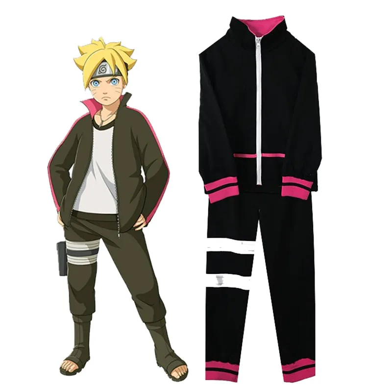 Наруто Shippuden Uzumaki Boruto косплей костюм Черная Спортивная одежда для пальто для Хэллоуина комплект со штанами