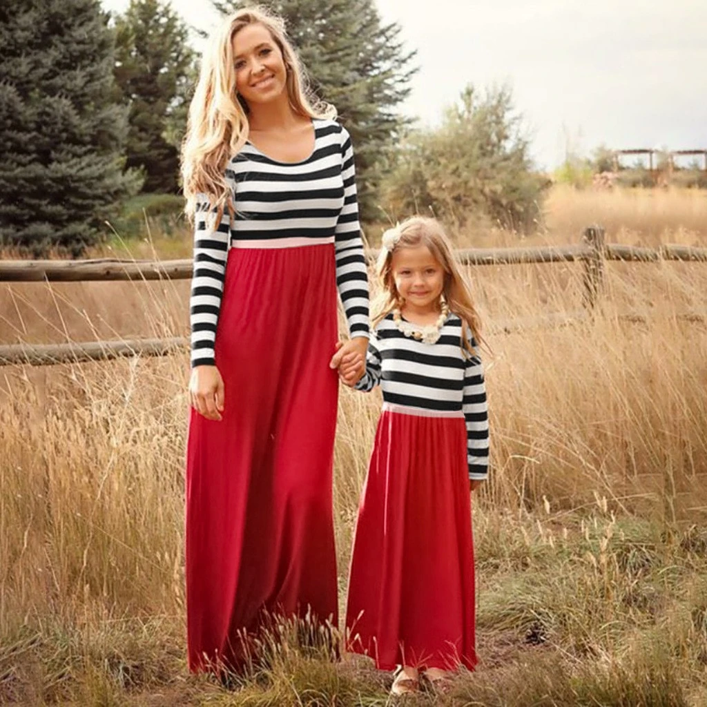 Осеннее женское платье до щиколотки для мамы и дочки с длинным рукавом полосатым